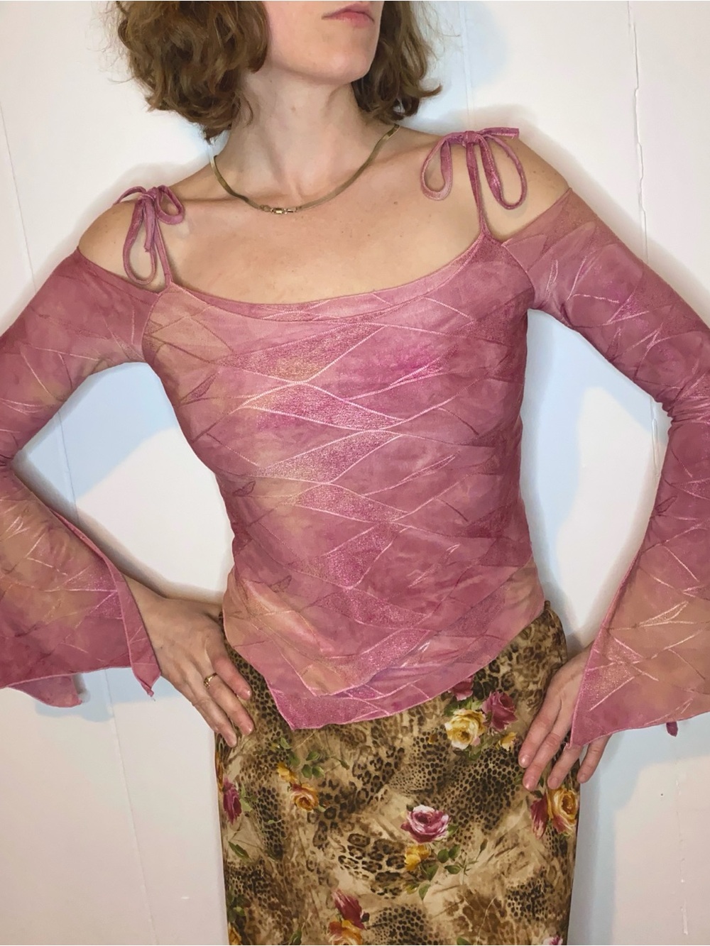 le chateau Pink Cold-Shoulder Tie-Strap Top with Flared Sleeves